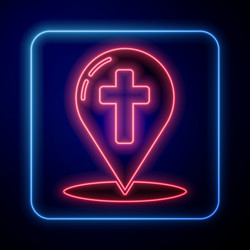 glowing neon map pointer with christian cross icon vector image