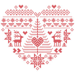 nordic pattern in heart shape with reindeer tree vector image