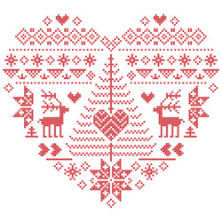 Nordic pattern in heart shape with reindeer tree vector