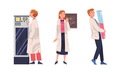 Man and woman scientist character in white coat vector