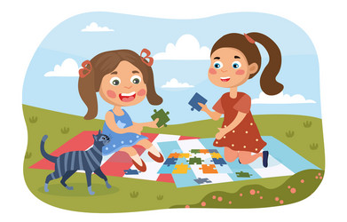 Two young girls playing with a jigsaw puzzle vector