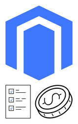 blue hexagonal shield with checklist and coin vector image