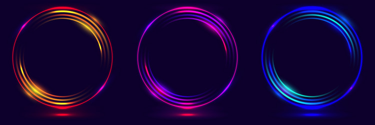 set of glowing neon color circles round curve vector