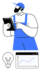 worker in overalls using digital tablet with light vector image