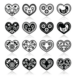 folk hearts with flowers and birds icons set vector