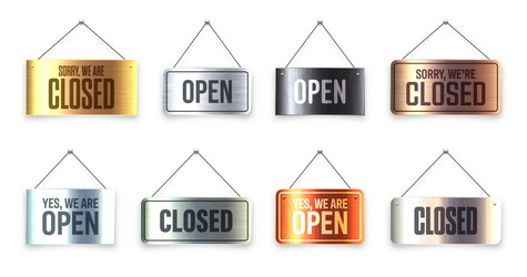 Brushed metal open and closed hanging signboards Vector Image