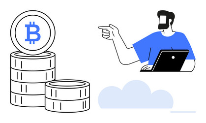 man with laptop pointing towards stacked bitcoin vector image
