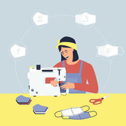 A woman works at home sews medical masks vector