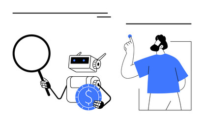 robot analyzing a magnifying glass while man vector image