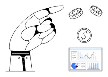 robotic hand pointing towards coins and analytics vector image