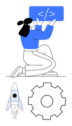 female programmer holding code tab with rocket vector image