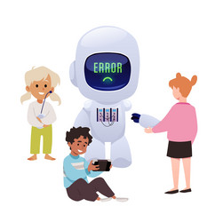 children interacting with robot showing error vector image