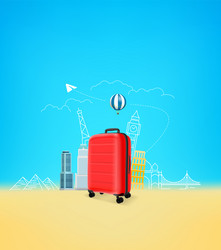 Photoreal suitcase with different travel famous vector