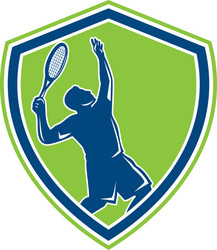 tennis player silhouette serving shield retro vector