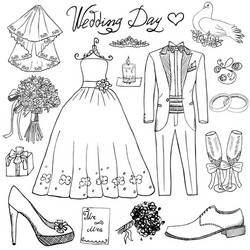 Wedding day elements hand drawn set with flowers Vector Image