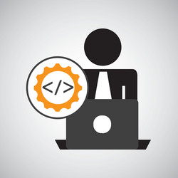 Silhouette programmer working laptop coding icon vector