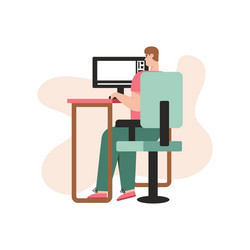 Video editor works at computer sitting table vector