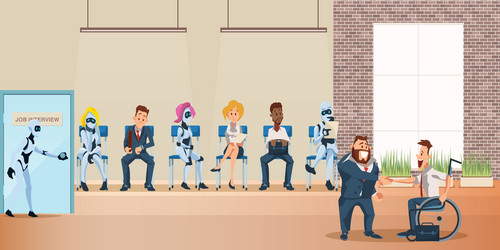 People & Robot Job Interview Queue vector image