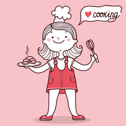 pretty girl cooking card pink background vector