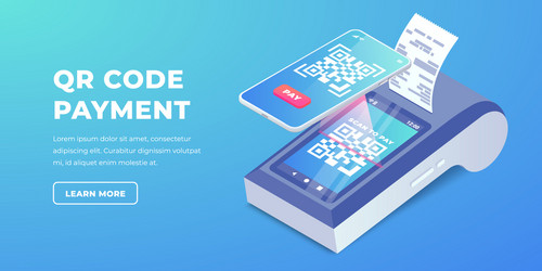 Isometric cashless payment machine with qr code vector