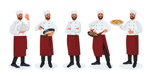 chef with mustache and beard in different poses vector