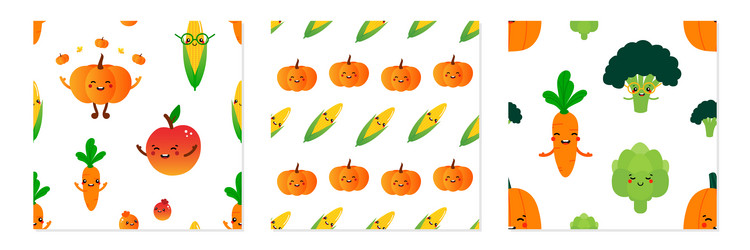 set of patterns with vegetable characters vector image