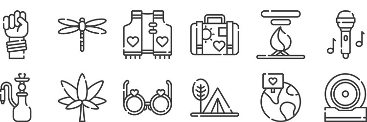 12 set linear hippies icons thin outline vector image