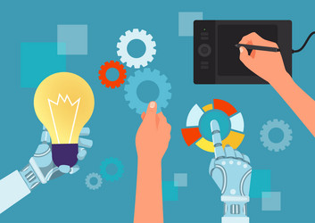 automatic robot and people teamwork together data vector image