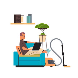 Man freelancer using laptop working at home during vector