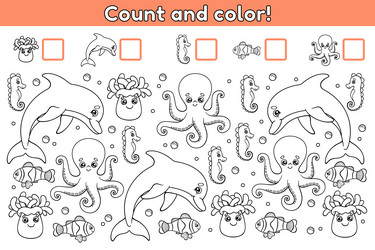 Count and color math game sea animals-2 vector