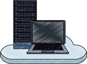 Laptop and servers with gears scribble vector