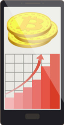 bitcoin coins with growth graph on a phone screen vector image