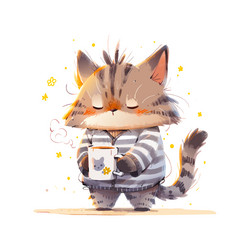 Tired sleepy cat with coffee wearing pyjama vector