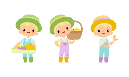 Blond Boy with Basket at Farm Vector Image