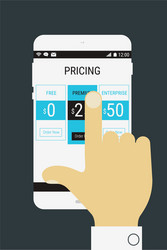 hand selecting a product price on mobile device vector