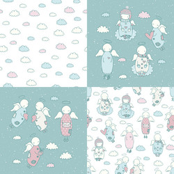 set of cute doodle angels and seamless patterns vector