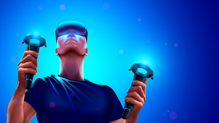 man in virtual reality headset and vr controllers vector image