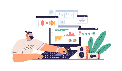 sound designer works at computer with professional vector image