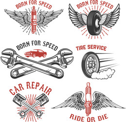 set of tire service car repair labels pistons Vector Image