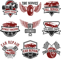 set of tire service car repair labels pistons Vector Image