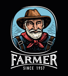 Funny farmer in hat farm product logo Royalty Free Vector