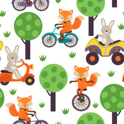 seamless pattern hare and fox is riding in forest vector