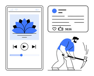 music app interface with user engaging in digital vector image