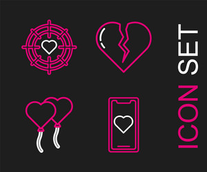 set line mobile phone with heart balloons in form vector image