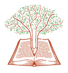 Tree combined with pencil over open vintage book vector