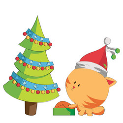 Cute Christmas Kitten with Pine Tree Vector Image