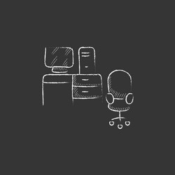 Computer set with table and chair drawn in chalk vector