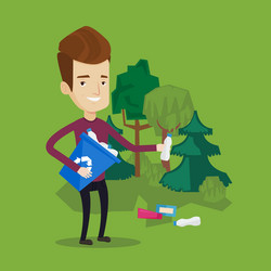 man collecting garbage in forest vector image
