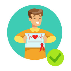 Smiling guy holding health insurance contract vector