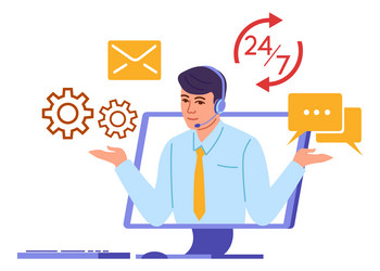 man in headset on screen processing messages vector image